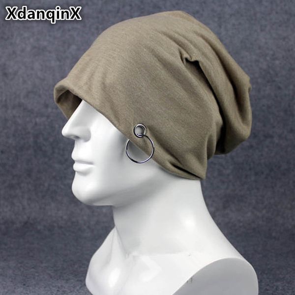 

xdanqinx hip hop wrap skull beanies for men women personality iron ring decoration beanie hats stacking caps couple cap