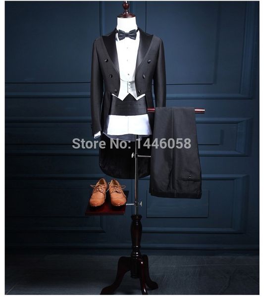 

2017 classic shiny black tail coat groom tuxedos groomsman suit custom made wedding dinner suits tailcoat jacket+pants+vest+bow, White;black