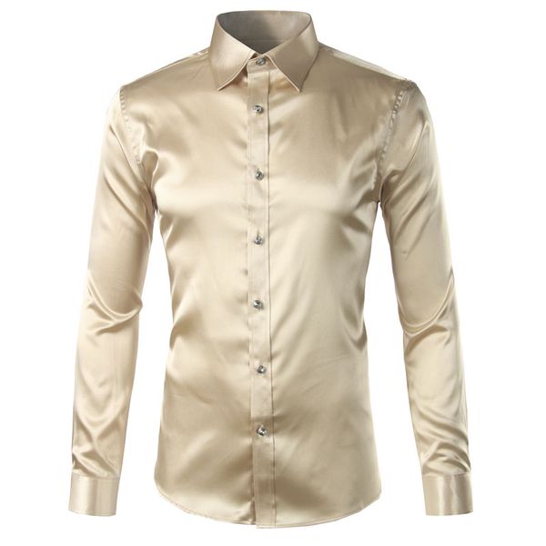 2020 New Gold Silk Satin Shirt Men Slim Fit Long Sleeve Dress Shirts