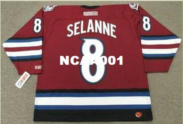

mens #8 teemu selanne avalanche 2003 ccm alternate hockey jersey or custom any name or number retro jersey, Black;red