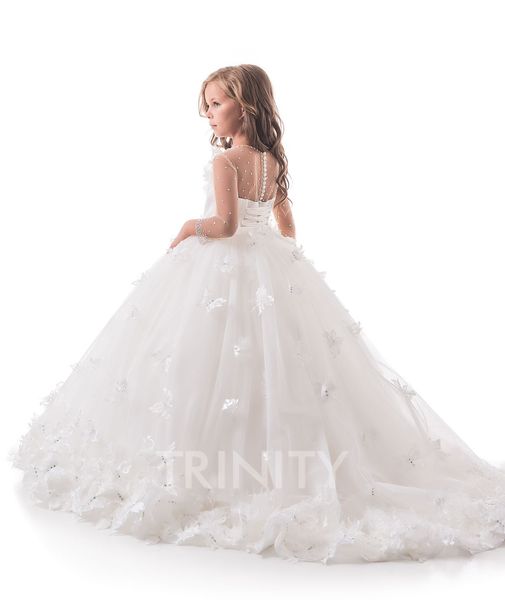 

lovely ivory tulle jewel sleeves applique flower girl dresses girls' pageant dresses holidays/birthday dress/skirt custom size 2-14 df7, White;blue