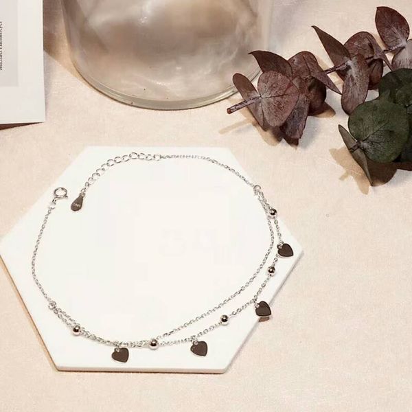 

Ankle chain lovely heart charm double layer glo ily ball 925 ilver tail adju table