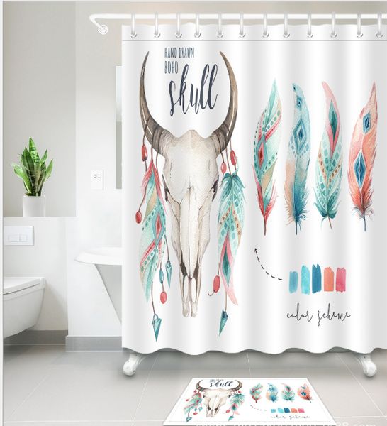 

3d polyester fabric feather pattern design shower curtains with 12 hooks for bathroom decor modern bath waterproof curtain floor mats sets