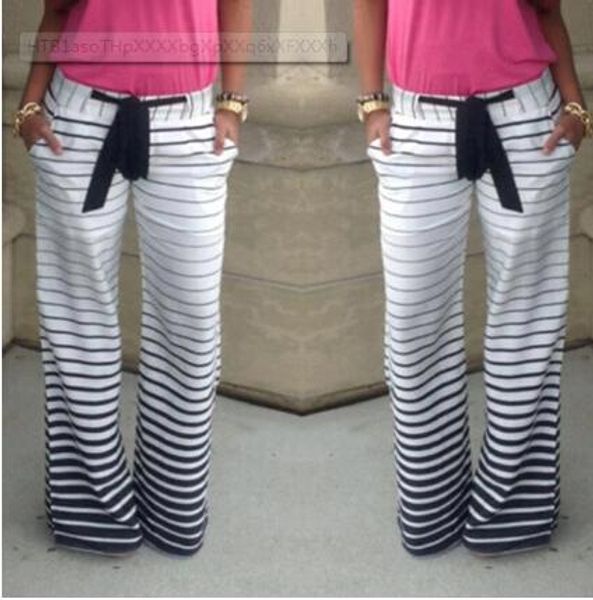 

drawstring striped wide legs casual sport pants, Black;white