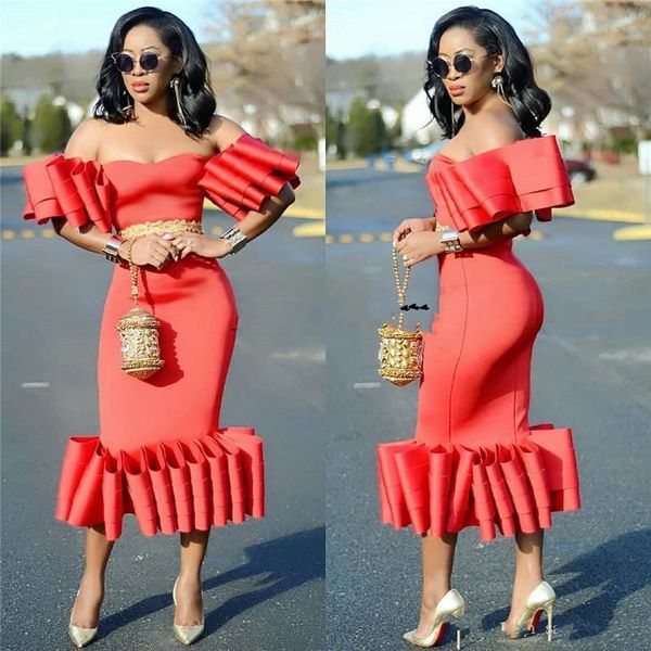 

african off shoulder mermaid prom dresses with sash unique short sleeves tea length evening dress vestidos aso ebi cocktail party gowns, Black