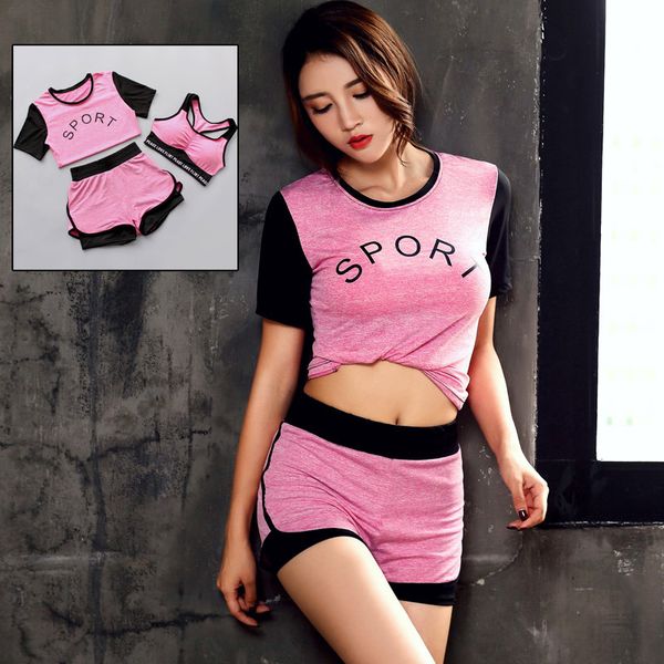 

women's running sportswear summer yoga wear three-piece fashion shorts vests with breast pads fitness wear, Gray