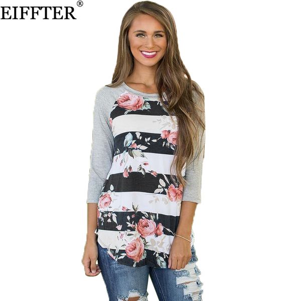 

eiffter autumn women floral print t-shirt new fashion ladies three quarter o-neck patchwork tees shirts female slim 0553, White