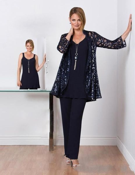 

mother of the bride suits with 3/4 long sleeves jacket lace appliques dark navy wedding party suits for women formal wear, Black;red