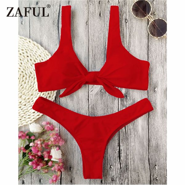 

zaful bikini knotted padded thong bikini set women swimwear swimsuit scoop neck solid high cut bathing suit brazilian biquni, White;black