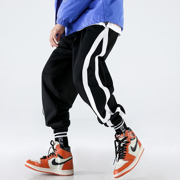 

autumn men's new solid color temperament printing fashion loose personality youth wild side stripes sports casual trousers, Black