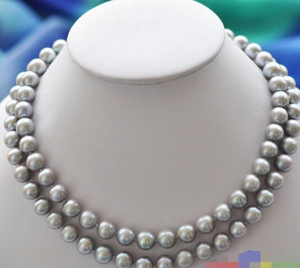 

>>>2row 8-9mm gray round freshwater pearl necklace mabe 925silver clasp, Silver