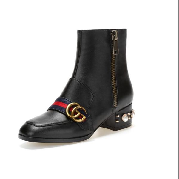 

New arrivalluxury letter ribbon metal buckle low heel hort boot genuine cowhide leather fa hion woman pearl boot dh2a17