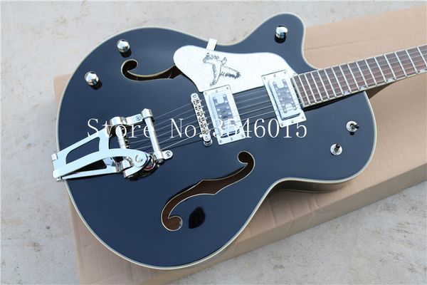 

factory wholesale black semi-hollow left-hand electric guitar with tremolo system,chrome hardwares,offer customized