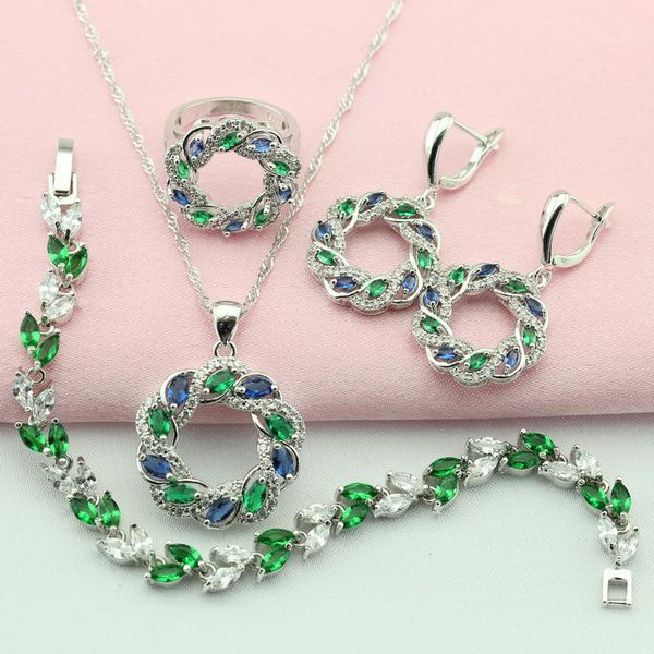 

wpaitkys classic cubic zirconia green silver color jewelry sets for women earrings bracelet necklace pendant ring gift box, Slivery;golden