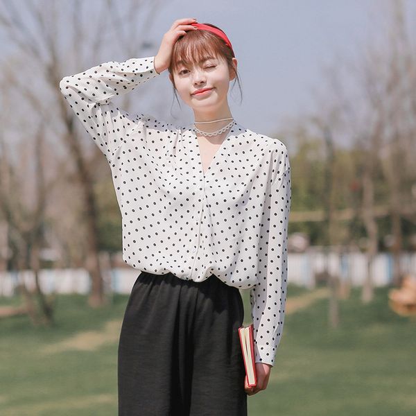

v-neck polka dot womens blouses long sleeve cotton chiffon blusa feminina, White