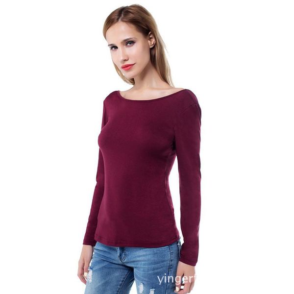 

2017 women shirts long sleeve backless costume bottoming scoop neck shirt cotton tees party club ladies shirt tee, White