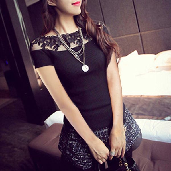 

celmia 2018 new women summer short sleeve blouse off shoulder women lace stitching knitwear lady casual stripe shirt, White