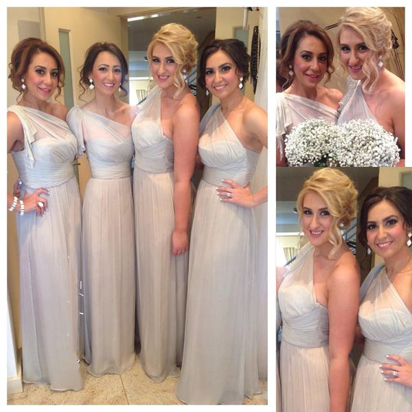 

2018 modern one shoulder chiffon bridesmaid dress a-line ruffle silver wedding guest dress floor length zipper back maid of honor dresses, White;pink