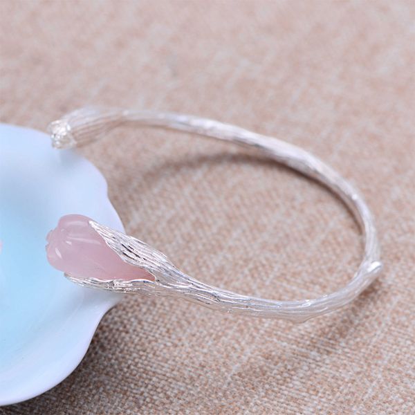

metjakt natural agate/rose quartz bangle solid 999 fine silver open tulip bracelets for women's jewelry, Golden;silver