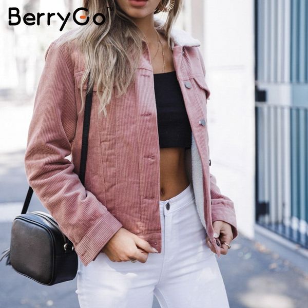 

berrygo 2018 winter women jacket coat lambs wool basic coats corduroy ladies long sleeve turn down collar warm winter thick coat, Black;brown