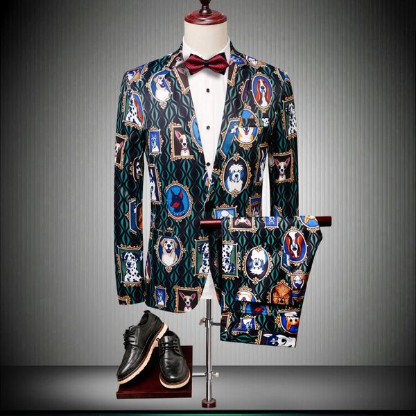 

new men's casual chinese style printing men's two-piece costume coat, White;black