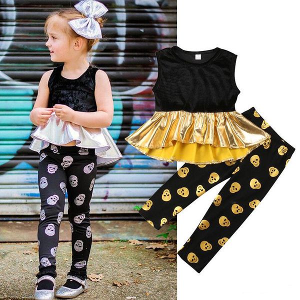 

2018 new halloween kid baby girls velvet + pants 2pcs set outfit gold silvery skull summer baby girls clothing toddler fashion boutique, White