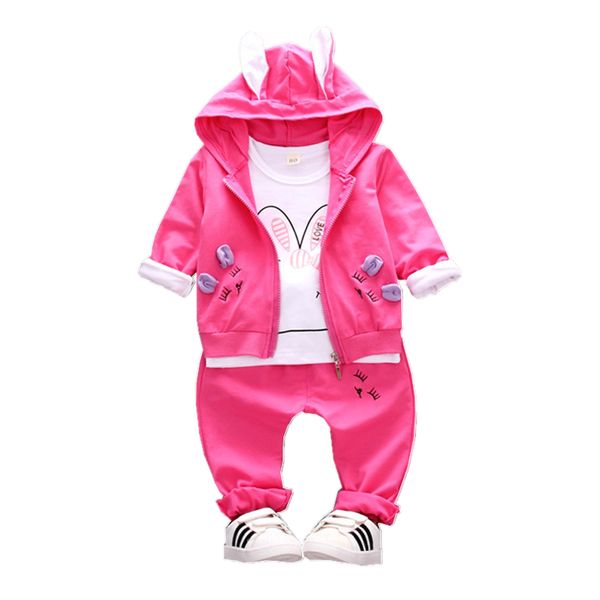 

2018 autumn children girls cotton garment baby cartoon rabbit shape hoodies coat t-shirt pants 3pcs/set, White