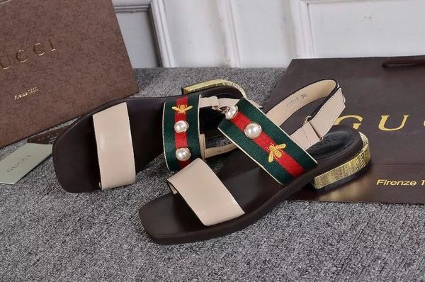 

Top Quality Luxury Letter Ribbon embroidery Bee Pearl High-heeled shoes Genuine leather Fashion Woman Thick heel sandals With Box