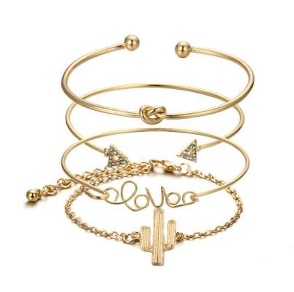 

docona 4pcs/1set gold color cactus letter knot bracelet bohemian geometric metal chain bracelet statement jewelry 6116, Golden;silver
