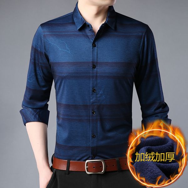 

2018 men's plus velvet thick warm shirt winter male long sleeve smart casual standard-fit comfortable stretch dress shirts, White;black