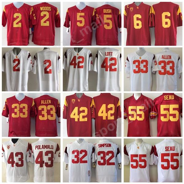 Футбольные майки колледжа USC Trojans Allen Lott Woods Sanchez Seaau Bush University PAC 12 Embroidery Team Red White Sports Hot Men