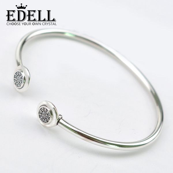 

edell authentic 925 sterling silver bangle signature with crystal open bracelet bangle fit style bead charm diy jewelry, Black