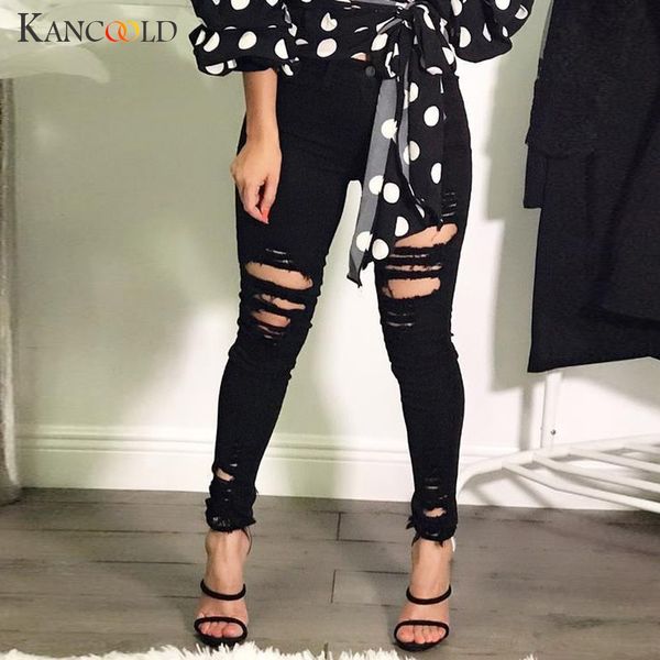 

kancoold jeans women high waisted skinny elastic denim jeans pants holes broken pencil fashion woman 2018oct24, Blue