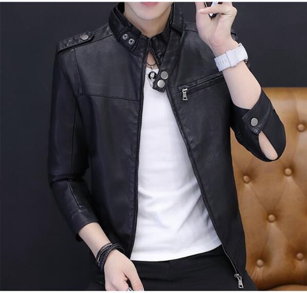 

men's spring autumn european and american fashion korean new boutique personality handsome thin locomotive leather jacket /m-4xl, Black