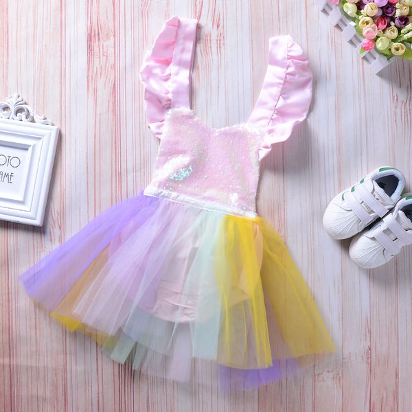 

2018 new baby girl clothes kids tulle sequins princess romper dress for girl party formal wedding birthday tutu rainbow colorful dresses, Blue