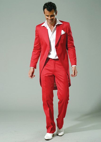 New Fashion Red Frac Morning Style Uomo Smoking da sposa Peak Risvolto One Button Uomo Cena formale Prom Suit (Jacket + Pants + Bows + Girdle) 621