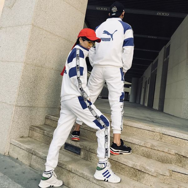 

2018 cauple track uit brand fa hion top pant men women luxuy de igner 2 pc et black and white color men women clothe new arrival