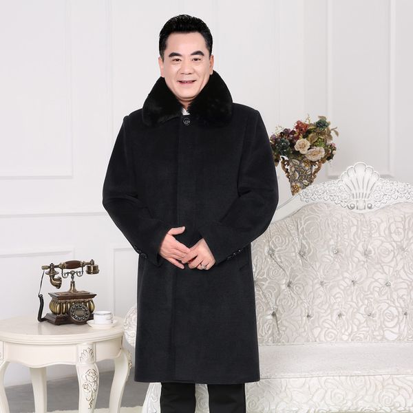 

arrival winter men's long woolen coat fur collar warm woolen coats male solid color slim casual windbreaker jacket, Black