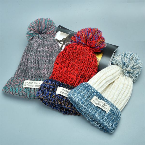 

autumn winter pompom hats thick wool knit hat women's skullies wild letters patch beanie cap warm casquette femme c095, Blue;gray