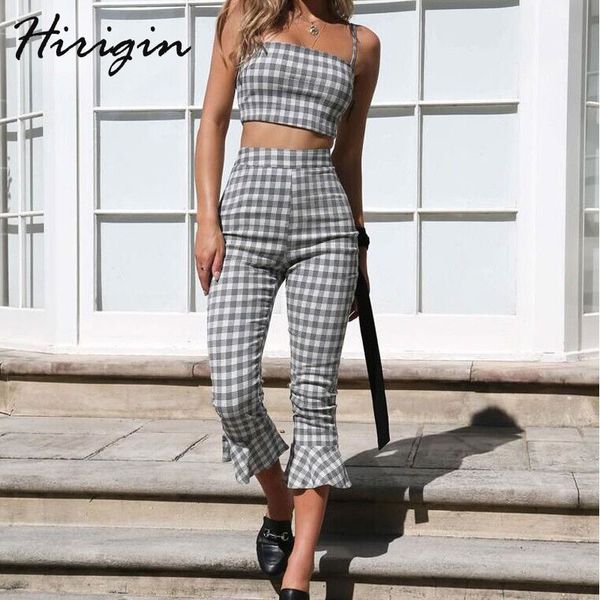 

2018 fashion women ladies 2pcs clothe set plaid clubwear casual sleeveless strap crop top+ flare pants outfit, White;black