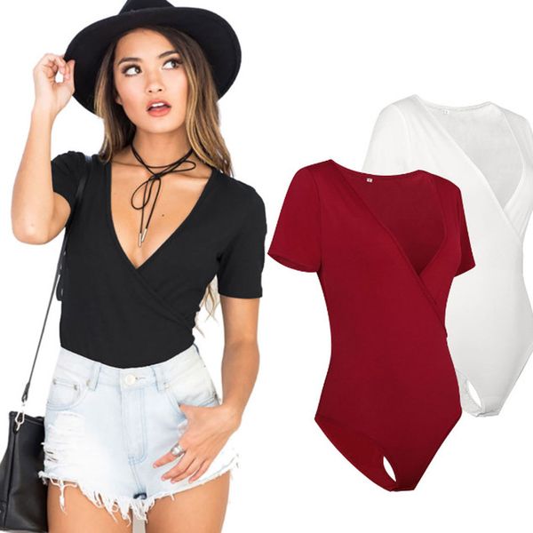 

Ladies Tight Casual Sexy Short Sleeved Deep V-Neck Playsuit Jumpsuits Romper Bodysuit Woman Leotard Monokini