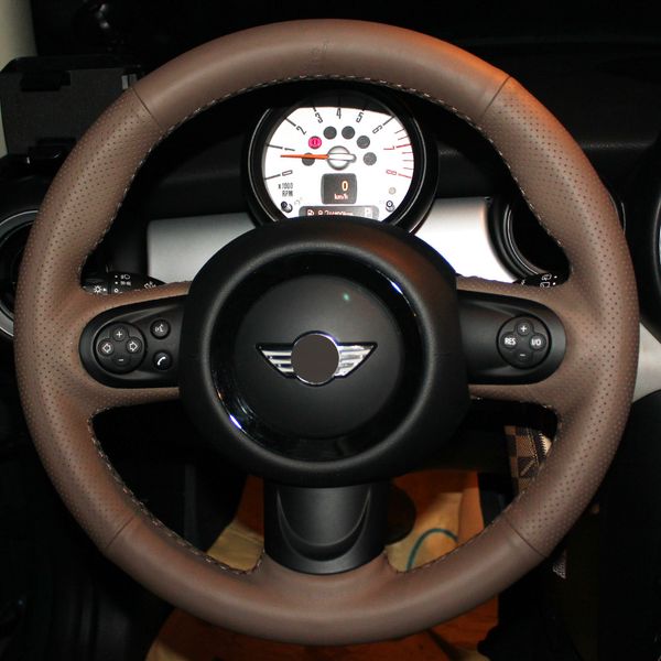 

dark brown genuine leather hand-stitched car steering wheel cover for mini coupe