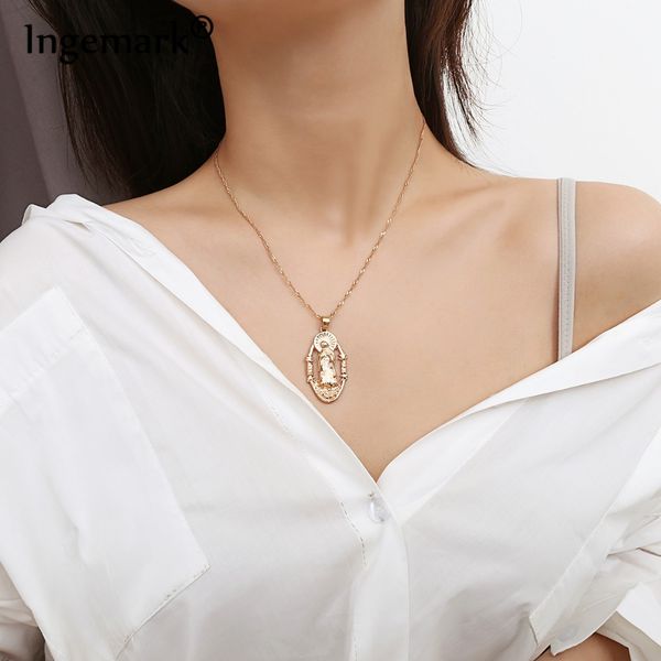 

ingemark vintage virgin mary pendant choker necklace alloy goddess square carved flower long chain necklace christian jewelry, Silver