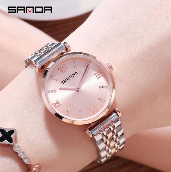 

sanda 2018 women's watch fashion women's trend atmospheric steel belt rhinestone ladies watch, Slivery;brown
