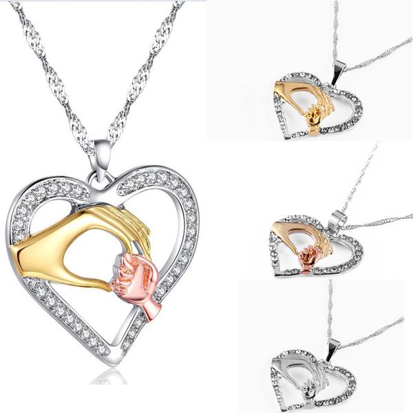 

jewelry mom baby hand in hand pendant rhinestone crystal necklace hollow design gold/silver/rose gold jewelry lover perfect gift for mom