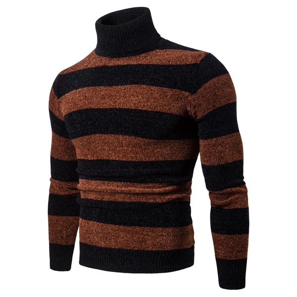 

autumn and winter new men's high lapel pullover slim sweater fashion striped knitted base sweater -73, White;black
