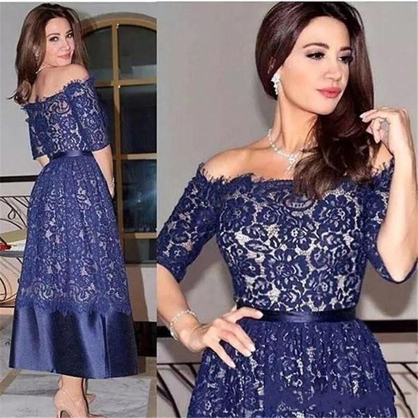 2019 Nuovi eleganti abiti per la madre della sposa in pizzo blu navy con mezze maniche lunghezza tè abiti corti abiti da sera abito da cerimonia nuziale