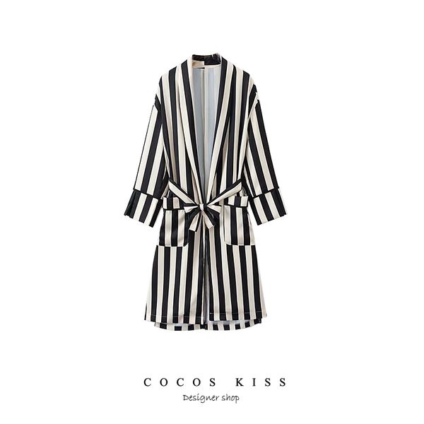 

2018 new women autumn jacket brand waistcoat pockets open stitch long sleeve black and white striped blazer colete long feminino, Tan;black