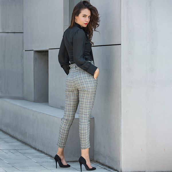 Compre Jyss Otoño Nuevos Pantalones De Cintura Alta Casuales Mujeres Cinturón Amarillo A Cuadros Gris A Cuadros Pantalones Hasta La Rodilla Pantalones
