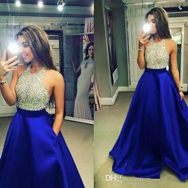 Königsblaue Ballkleid-Abschlussballkleider 2020 Sexy Juwel Lange Abendkleider Kleider mit glitzerndem Perlenmieder für Teenager-Party